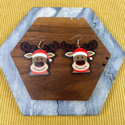Wooden Dangle Earrings - Christmas - Reindeer
