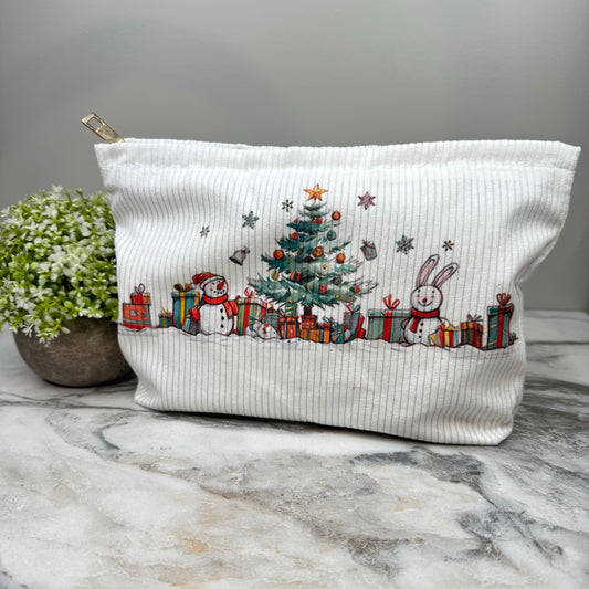 Corduroy Zip Pouch - Christmas Snowman Bunny