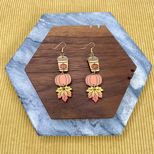 Wooden Dangle Earrings - Fall - Cup Pumpkin Leaf