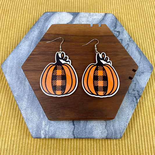 Wooden Dangle Earrings - Fall - Plaid Pumpkin