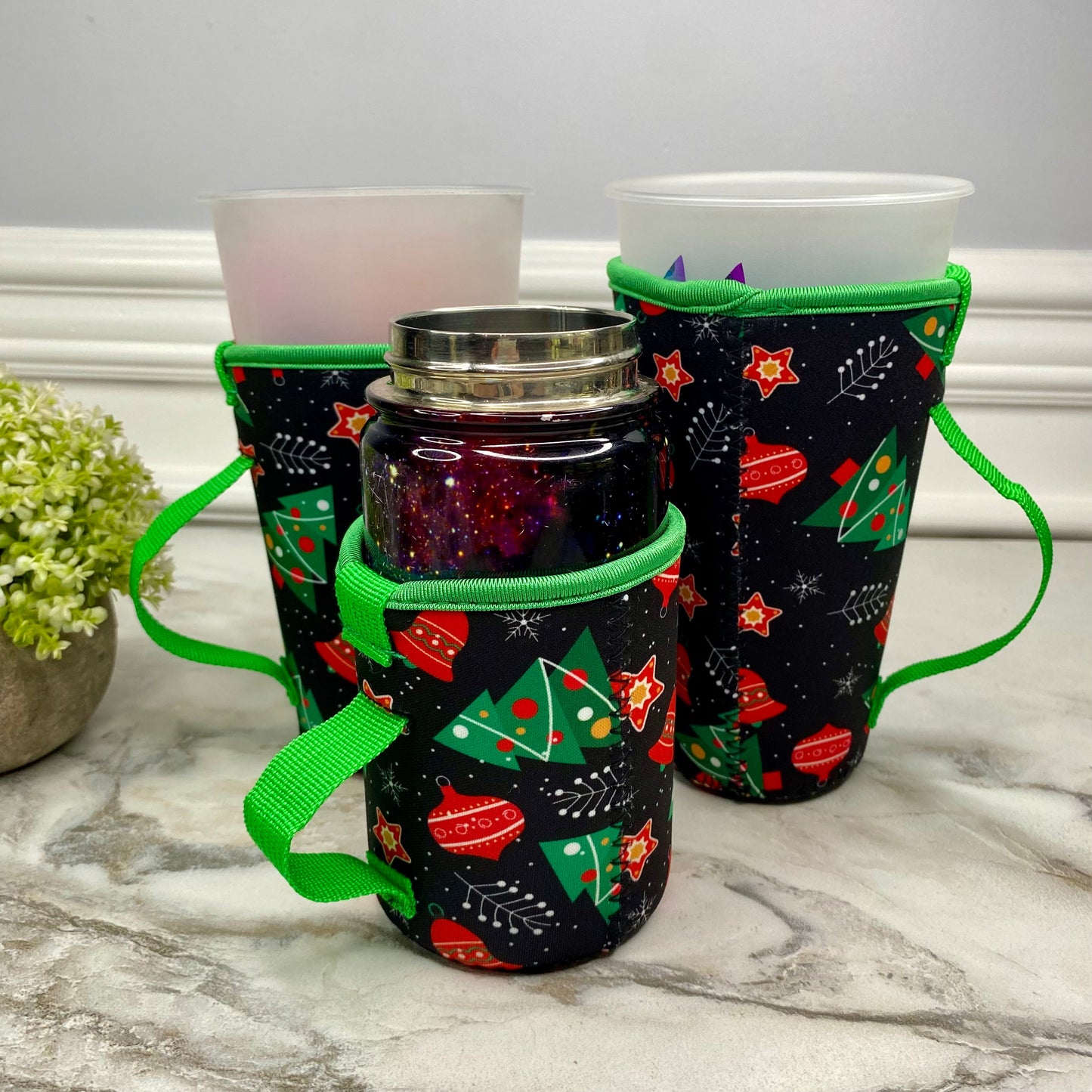 Neoprene Cup Holder Koozie Tumbler with Handle - Christmas Design